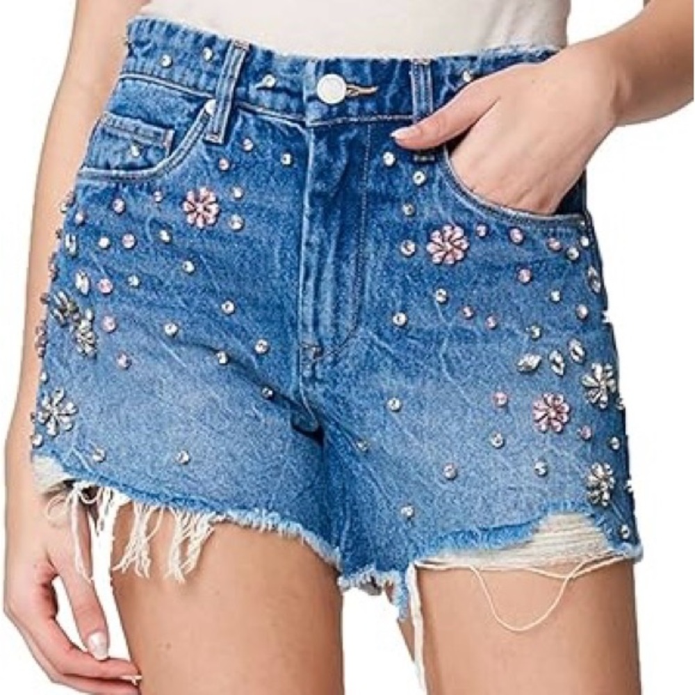 BlankNYC NWT High-Waist Raw Hem Crystal Embellished Denim Shorts